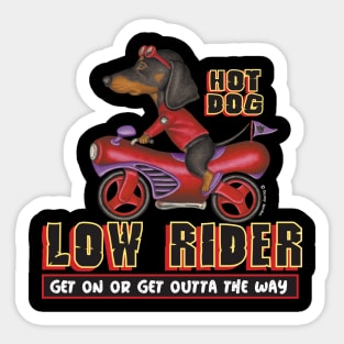 Classic Doxie Dog riding retro wiener cycle on Black Dachshund Riding Wiener Cycle Sticker